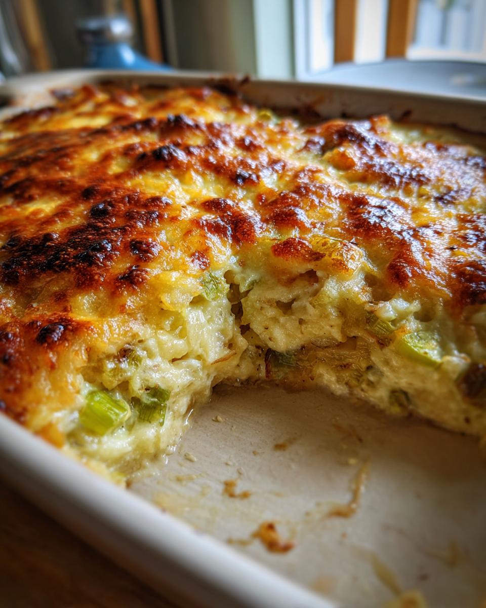 Nahaufnahme eines frisch gebackenen Lauch-Kartoffel-Auflaufs mit goldbrauner Käsekruste.