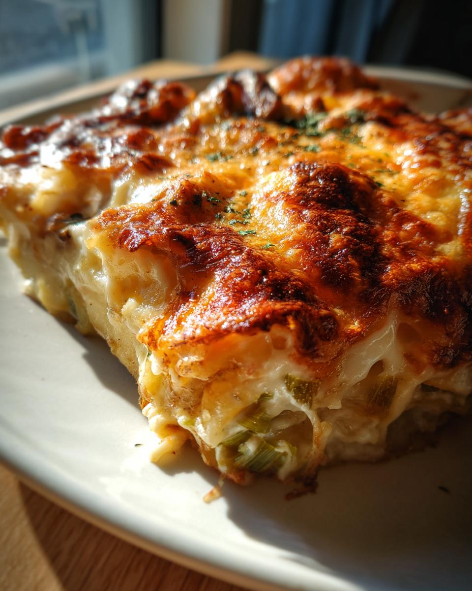Nahaufnahme eines Stücks Lauch-Kartoffel-Auflauf mit goldbrauner Käsekruste und frischen Kräutern.