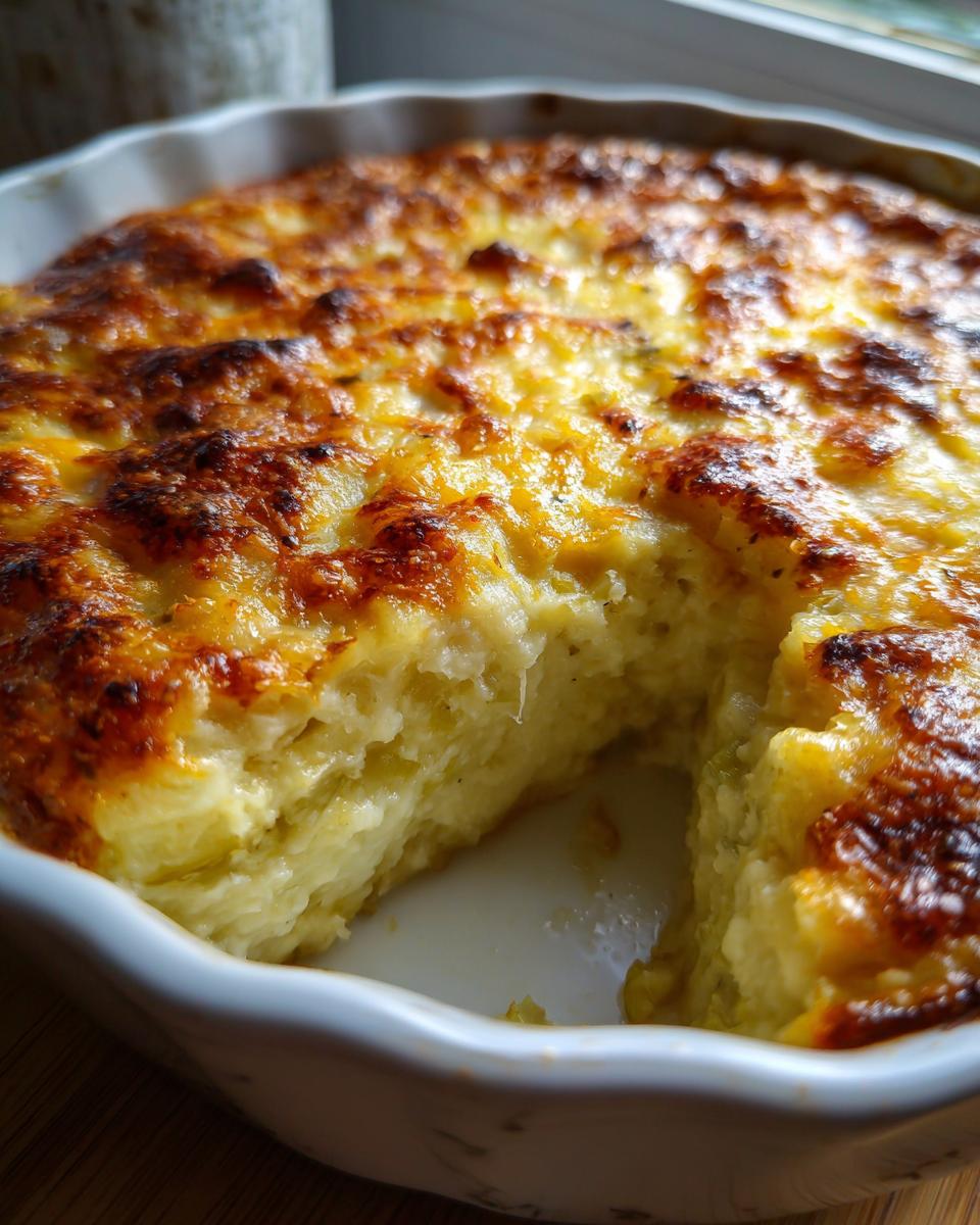 Nahaufnahme eines goldbraun überbackenen Lauch-Kartoffel-Auflaufs in einer Auflaufform, mit einer Gabel herausgenommen.