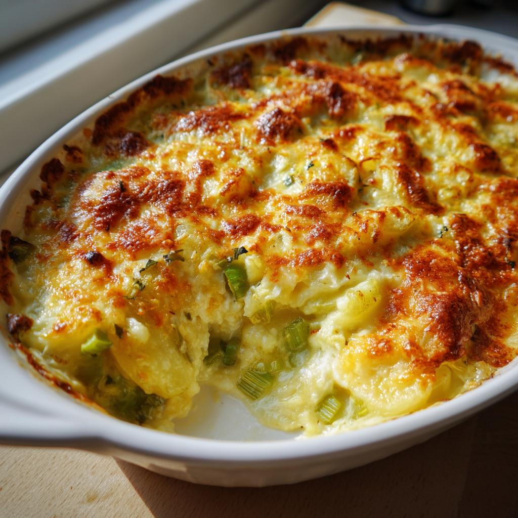 Nahaufnahme eines goldbraunen Lauch-Kartoffel-Auflaufs, frisch aus dem Ofen, mit geschmolzenem Käse und Lauchstücken.