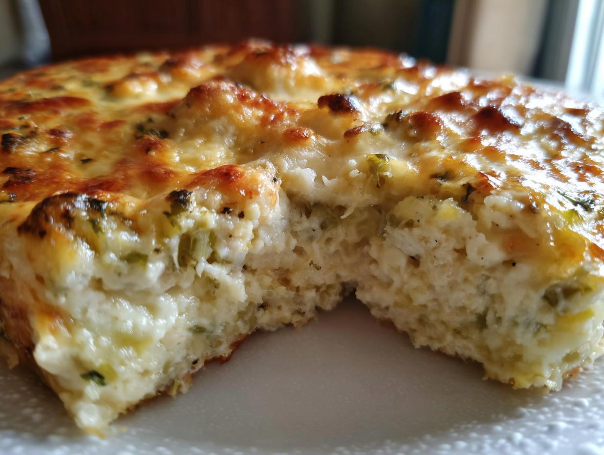 Nahaufnahme eines saftigen Lauch-Kartoffel-Auflaufs mit goldbrauner Käsekruste und grünen Lauchstückchen.