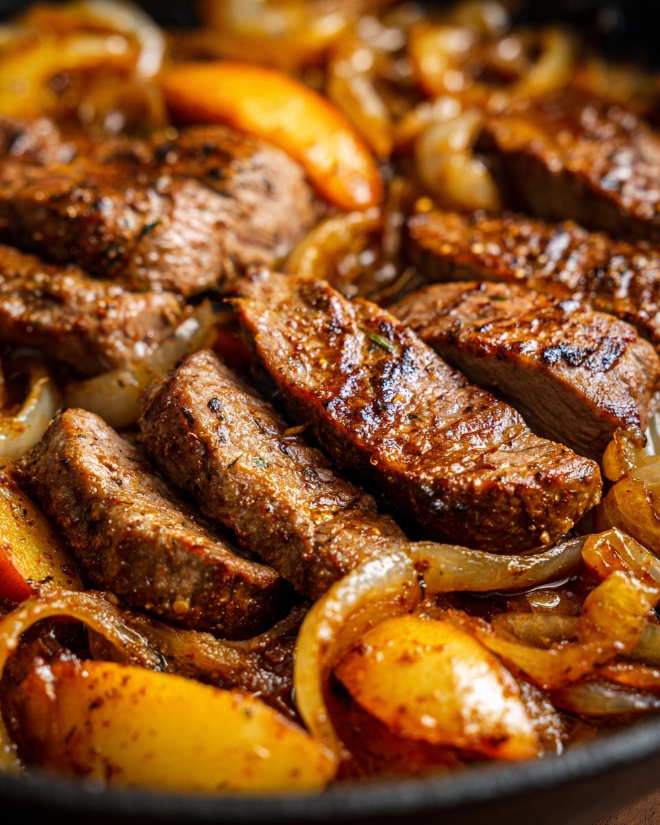 Nahaufnahme von saftigen Scheiben Leber mit Äpfeln und Zwiebeln, appetitlich gebraten.