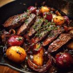 Nahaufnahme von gebratener Leber mit Äpfeln und Zwiebeln in einer Gusseisenpfanne, garniert mit frischen Kräutern.