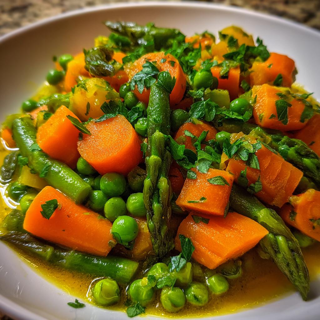 Nahaufnahme von Leipziger Allerlei mit Erbsen, Möhren und Spargel, garniert mit Petersilie.