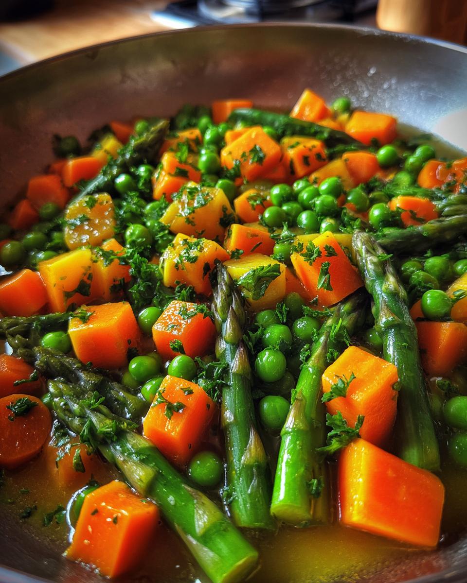 Nahaufnahme von Leipziger Allerlei mit Erbsen, Möhrenwürfeln und grünem Spargel in einer Pfanne, garniert mit Petersilie.