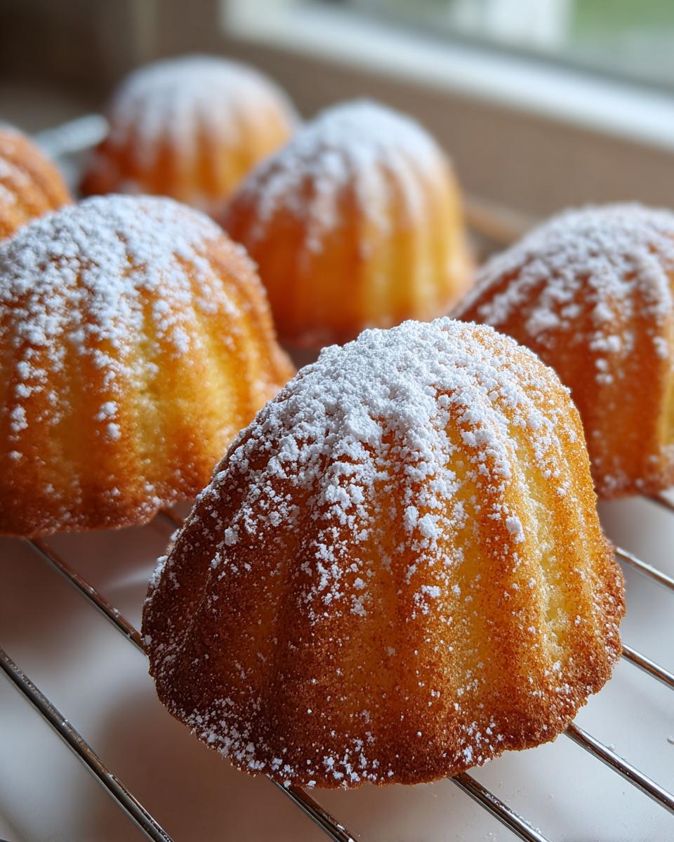 Nahaufnahme von frisch gebackenen, goldbraunen Madeleines, großzügig mit Puderzucker bestäubt, auf einem Kühlgitter.