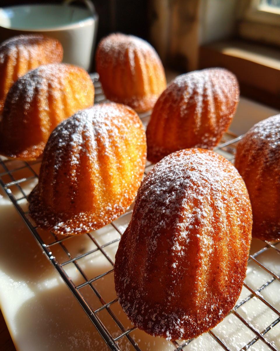 Mehrere goldbraune Madeleines mit feinem Puderzucker auf einem Drahtgitter, perfekt gebacken.