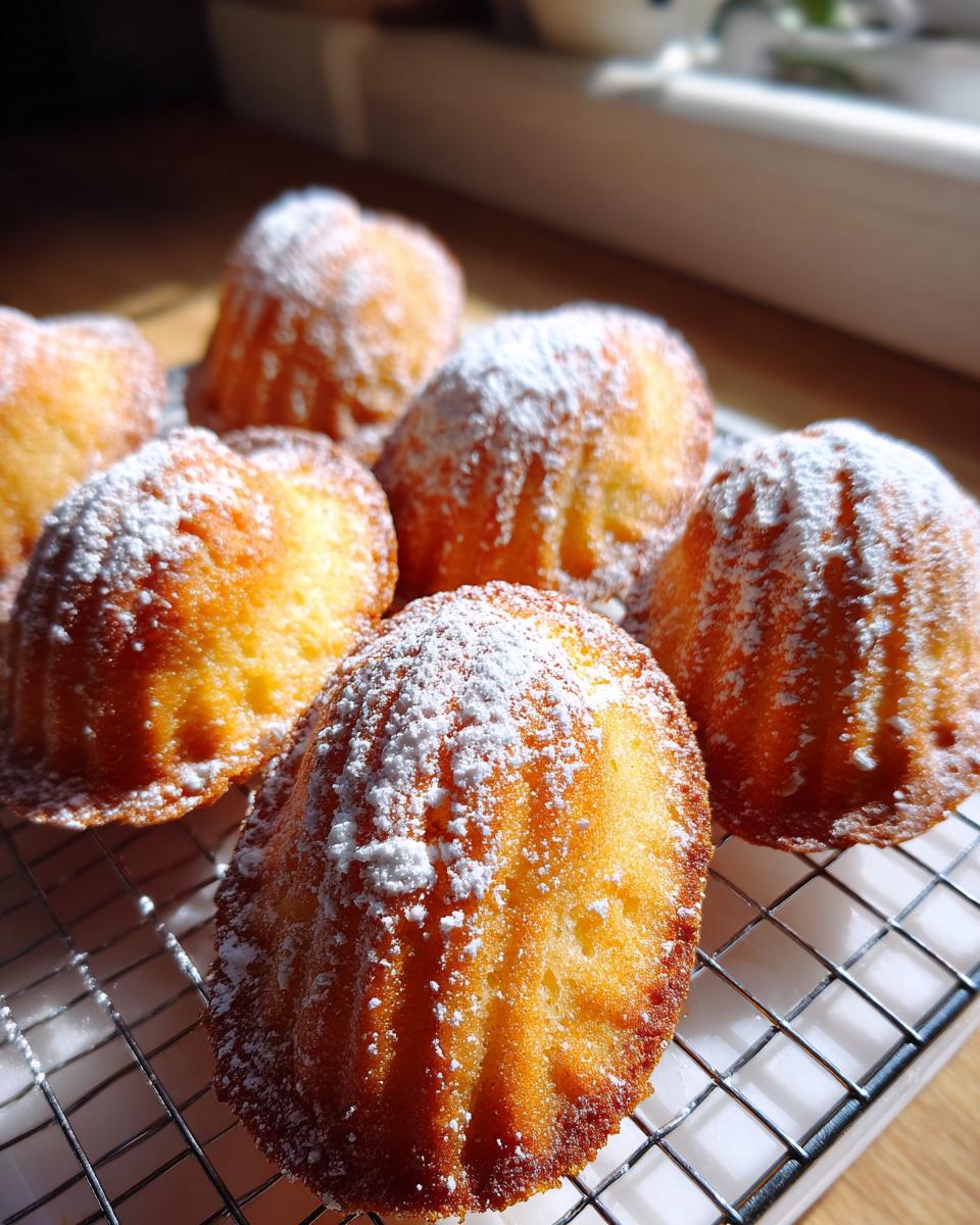 Mehrere goldbraune Madeleines, bestäubt mit Puderzucker, liegen auf einem Kühlgitter.