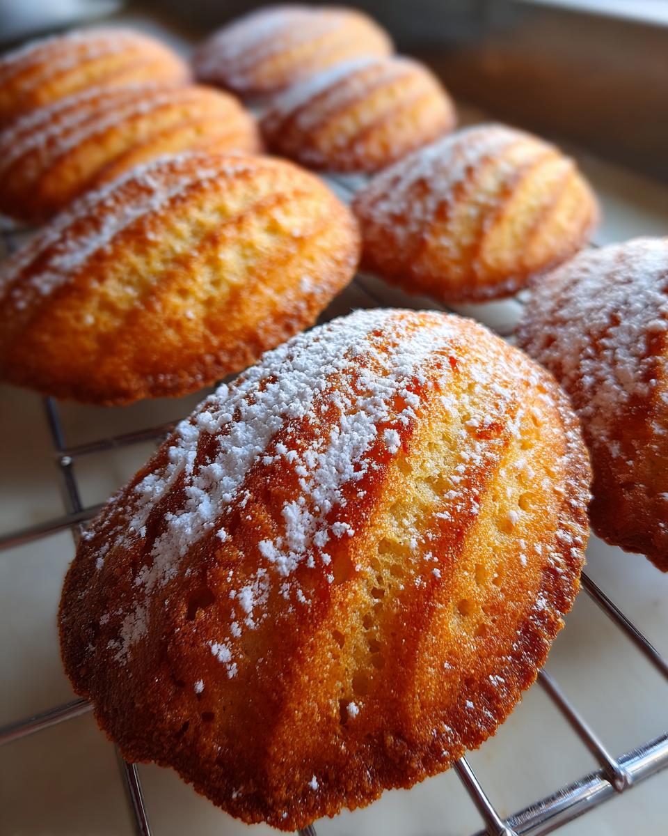 Nahaufnahme von goldbraunen, fluffigen Madeleines, die auf einem Kuchengitter liegen und mit Puderzucker bestäubt sind.
