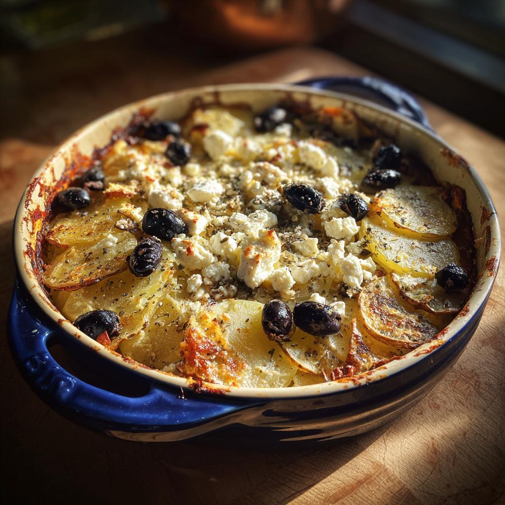 Fertiger mediterraner Kartoffelauflauf mit Oliven und Feta in einer blauen Auflaufform, goldbraun gebacken.
