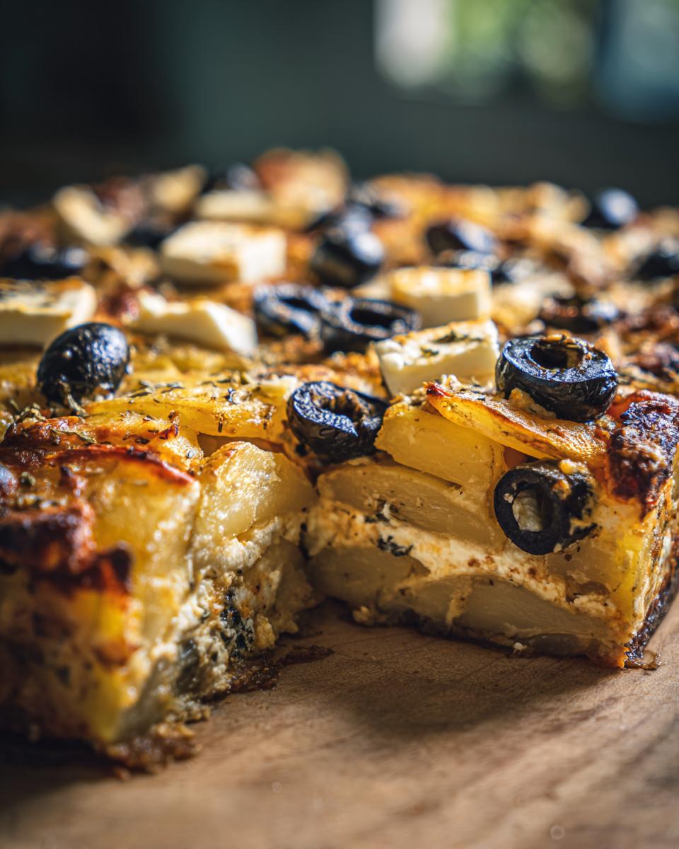 Nahaufnahme eines angeschnittenen mediterranen Kartoffelauflaufs mit Oliven und Feta, der auf einem Holzbrett serviert wird.
