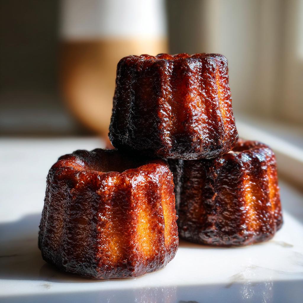 Drei perfekt gebackene Canelés mit glänzender, dunkler Kruste, gestapelt auf einer Marmoroberfläche.