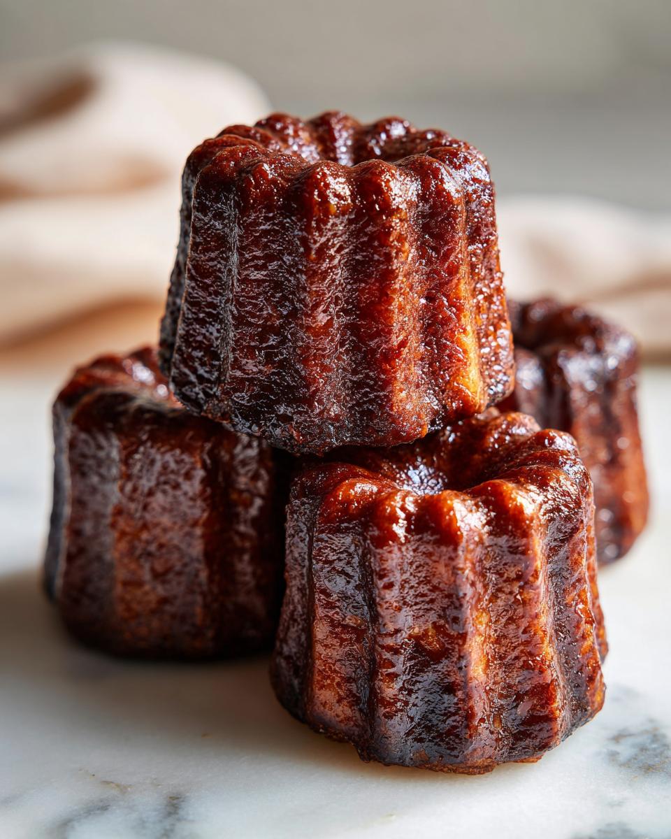 Nahaufnahme von vier perfekt karamellisierten Canelés, gestapelt auf einer Marmoroberfläche.