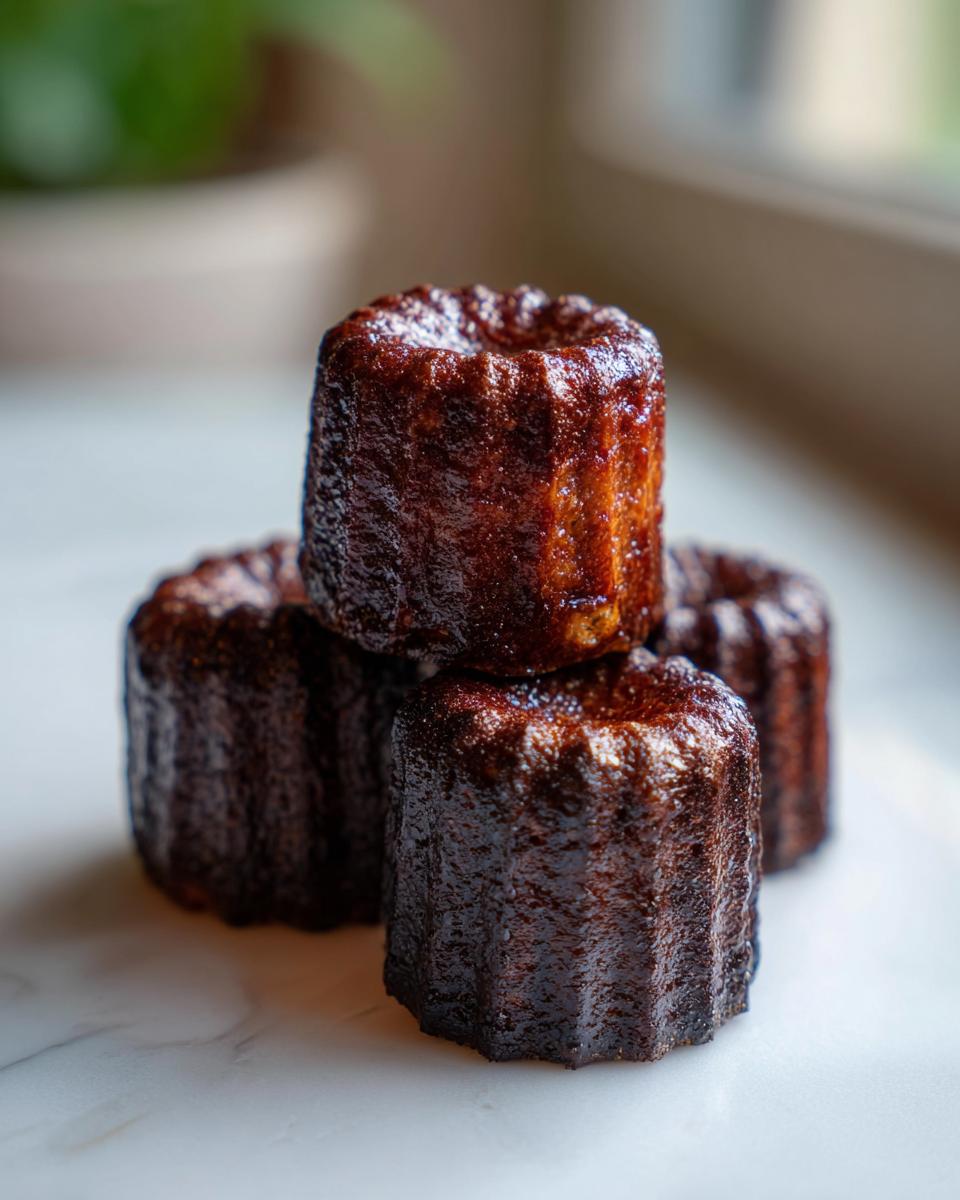 Nahaufnahme von vier tiefbraunen, glänzenden Canelés, gestapelt auf einer hellen Marmoroberfläche.