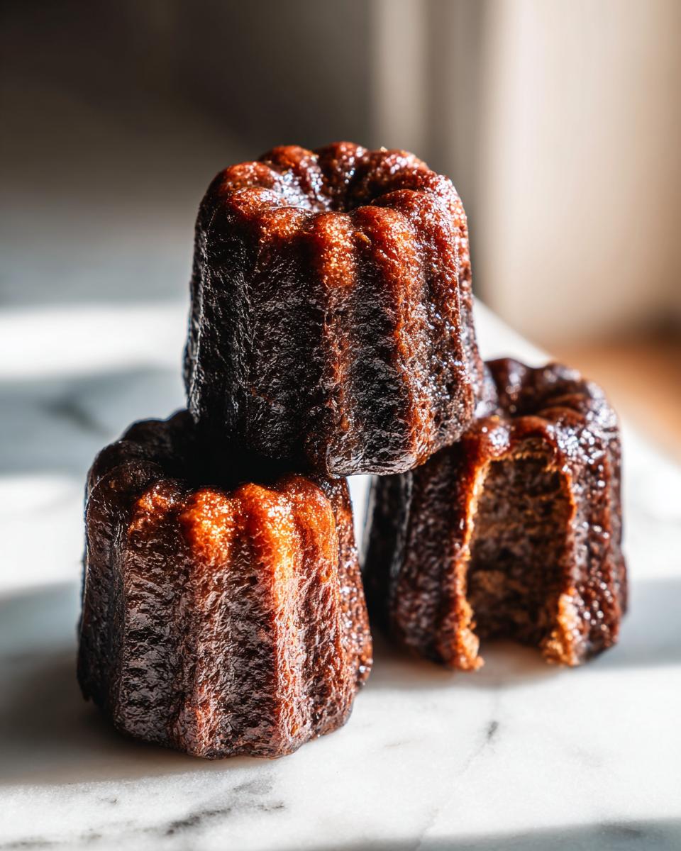 Drei goldbraune, karamellisierte Canelés, gestapelt auf Marmor, einer davon angeschnitten.