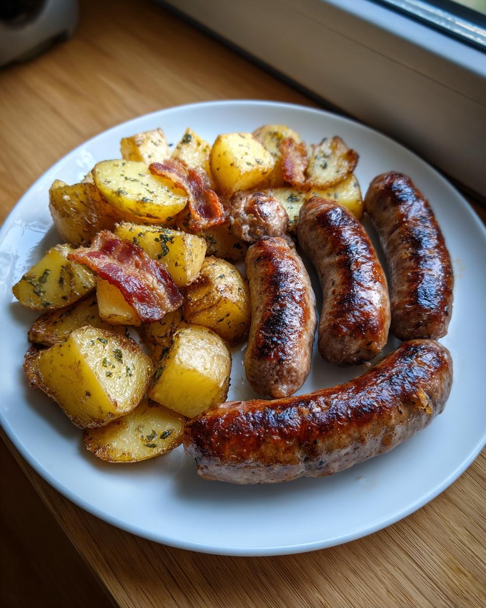 Teller mit gebratenen Mettenden mit Speck-Kartoffeln, appetitlich angerichtet.