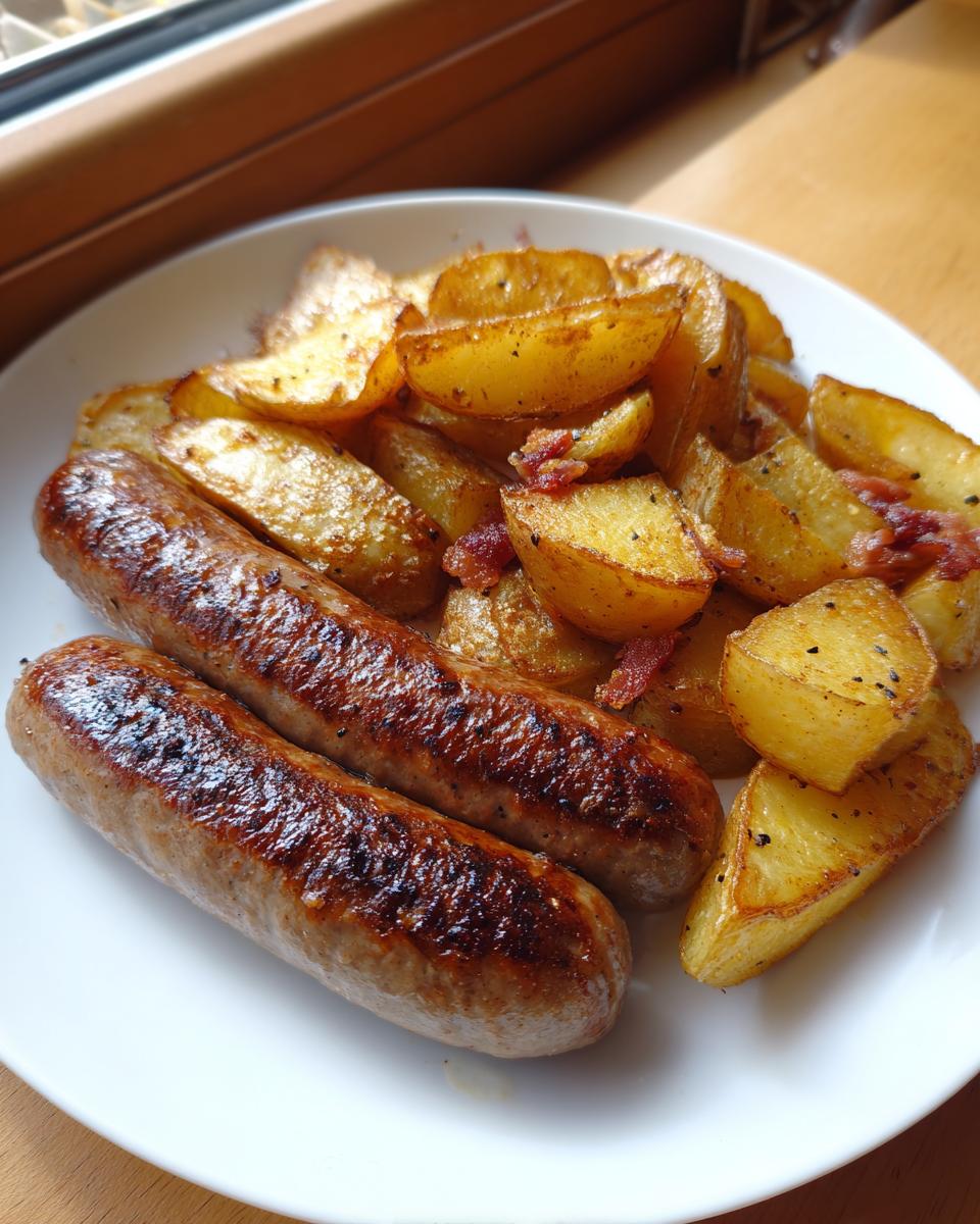 Zwei gebratene Mettenden liegen neben goldbraunen Speck-Kartoffeln auf einem weißen Teller.