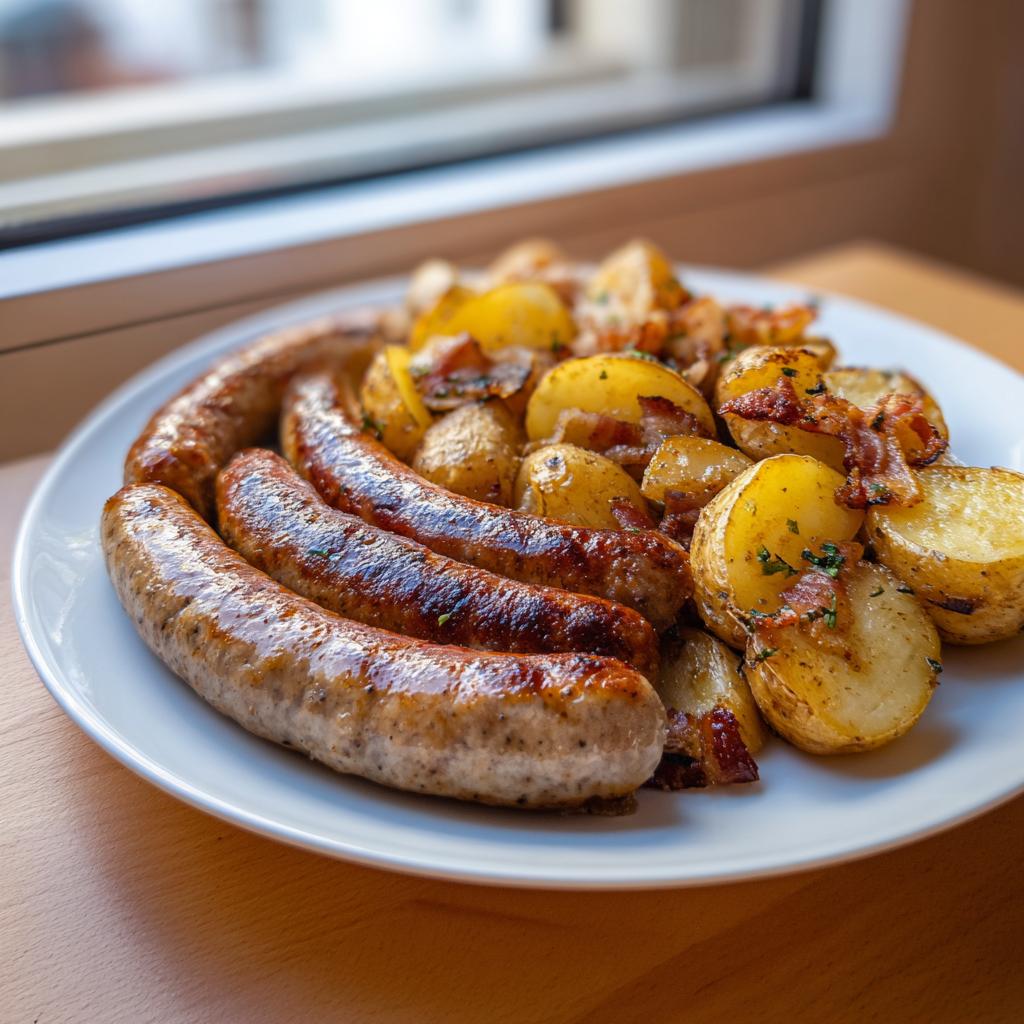 Teller mit knusprig gebratenen Mettenden und goldbraunen Speck-Kartoffeln.