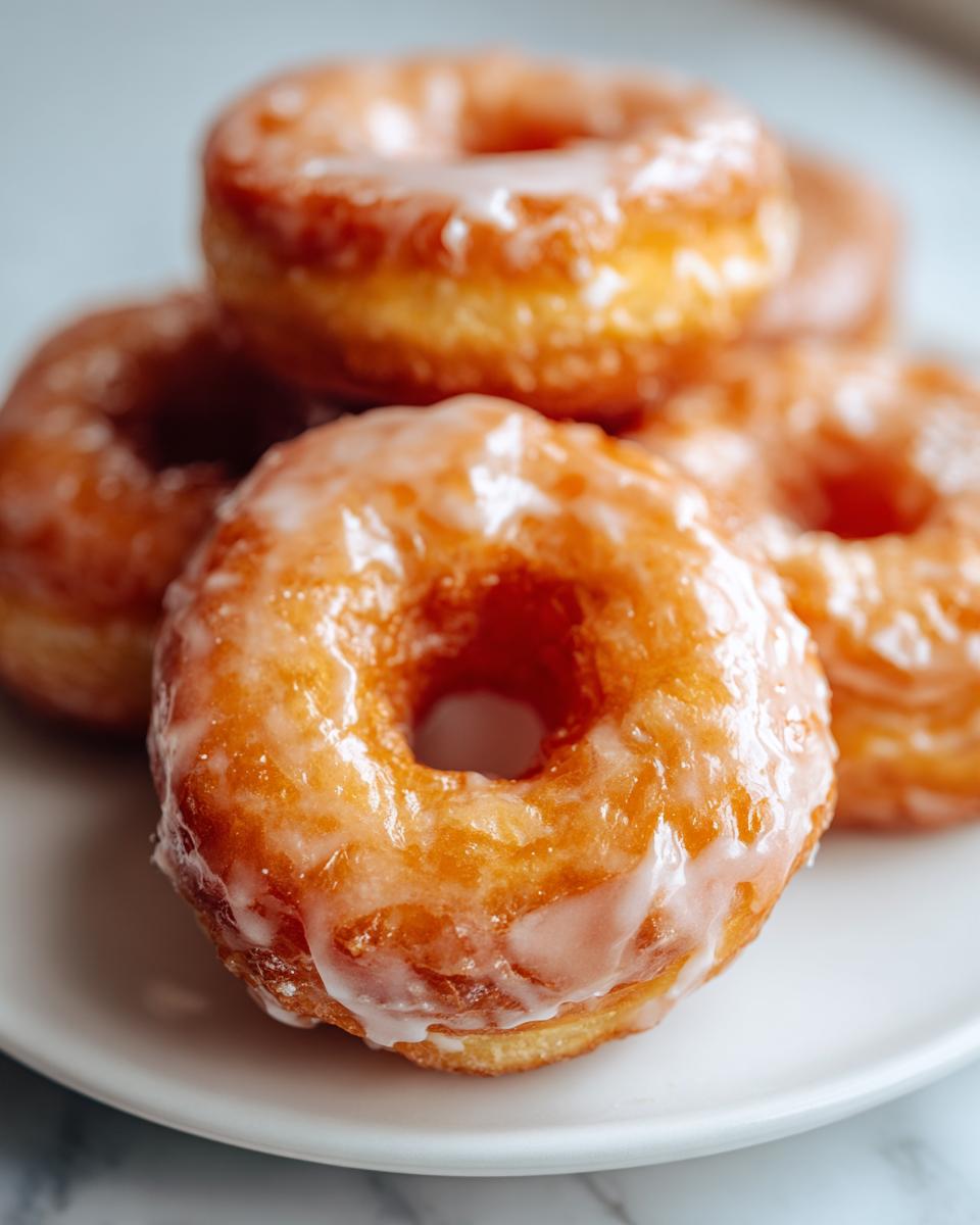 Nahaufnahme von mehreren glasierten Mochi Donuts, die auf einem weißen Teller gestapelt sind.