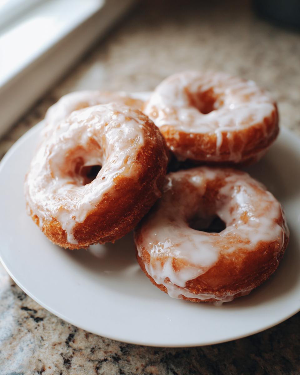 Nahaufnahme von vier glasierten Mochi Donuts, die auf einem weißen Teller angerichtet sind.