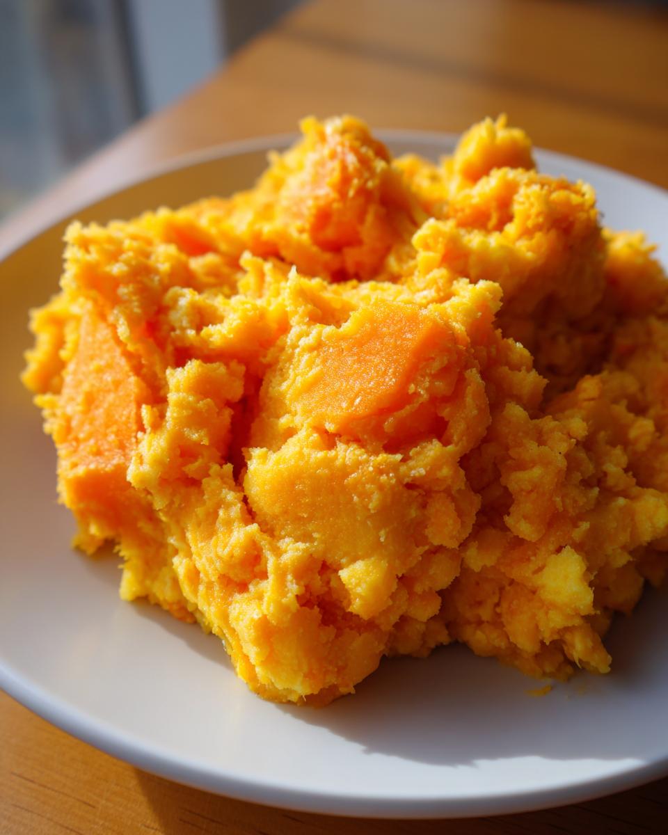 Nahaufnahme von cremigem Möhren-Kartoffel-Stampf mit Stückchen, serviert auf einem Teller.