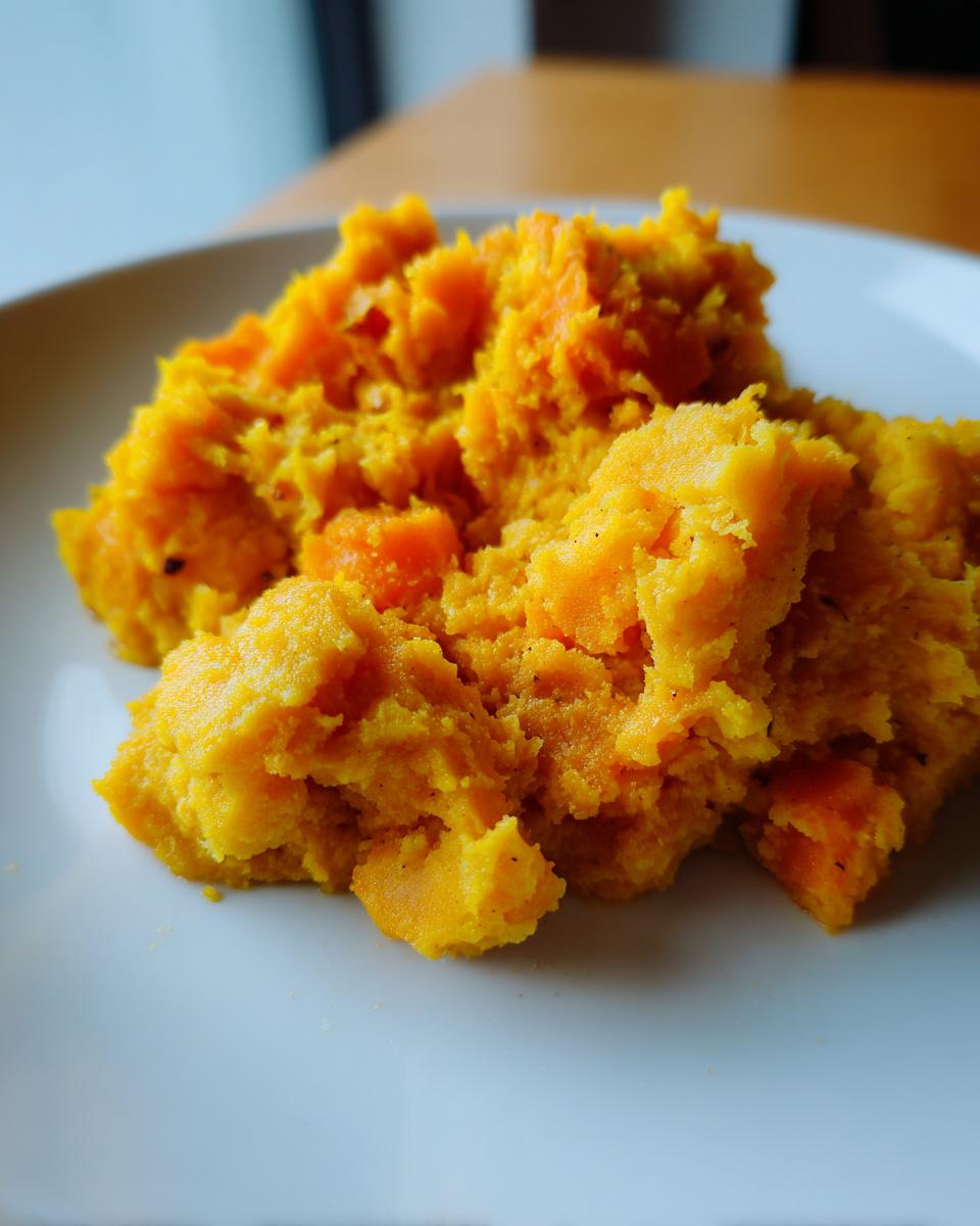 Nahaufnahme von cremigem Möhren-Kartoffel-Stampf auf einem weißen Teller, appetitlich und warm.