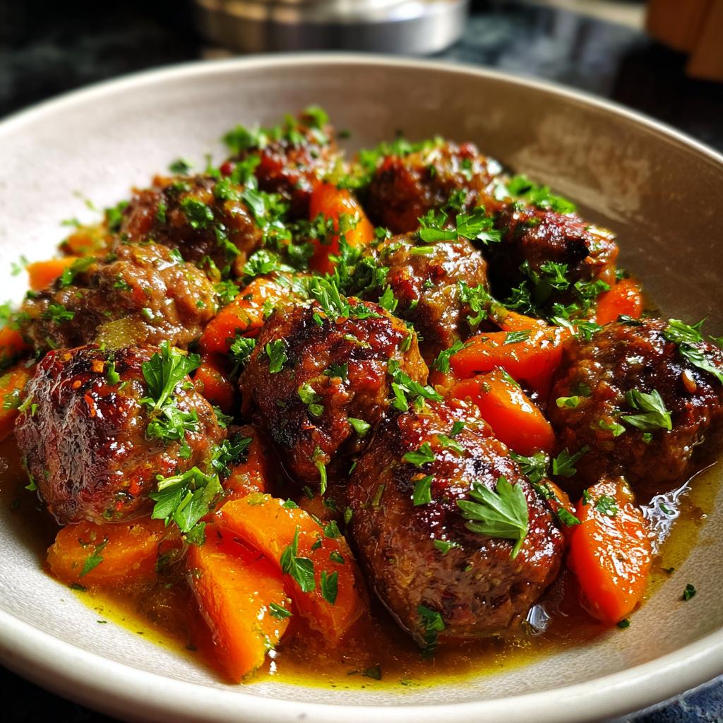 Nahaufnahme von Möhrengemüse mit Frikadellen, garniert mit frischer Petersilie.