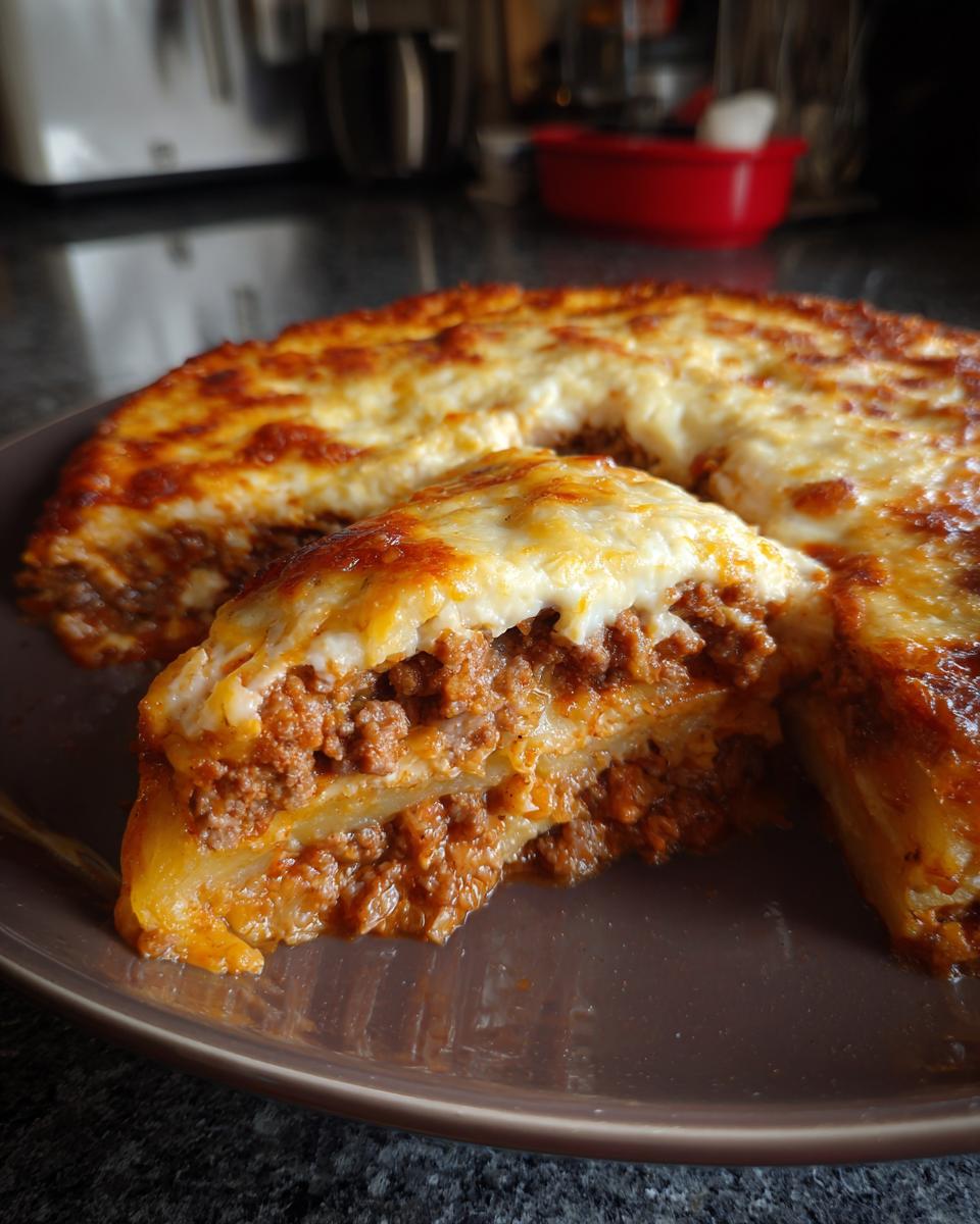 Nahaufnahme einer saftigen Musaka Balkan-Art mit Schichten aus Kartoffeln und Hackfleisch, überbacken mit Käse.