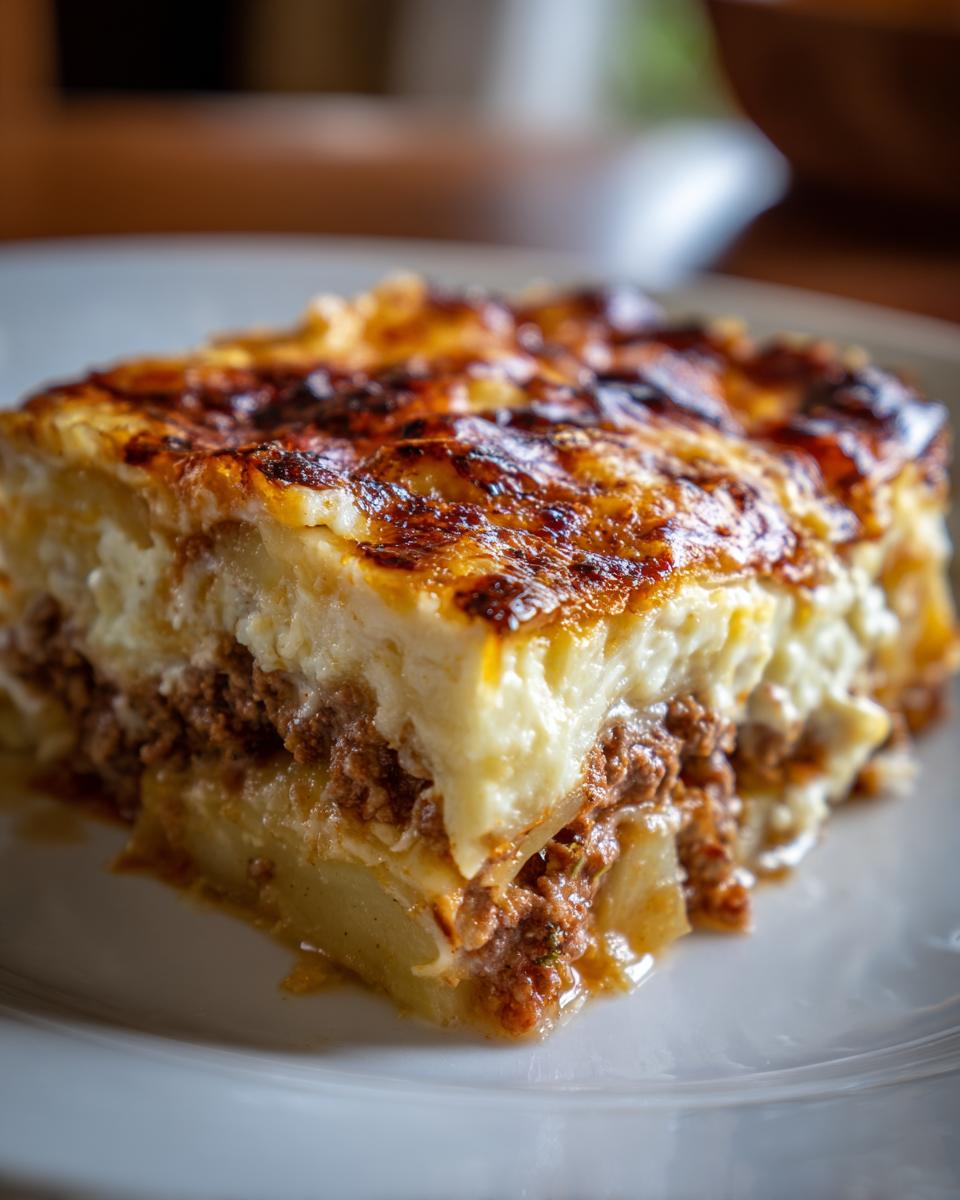 Ein saftiges Stück Musaka Balkan-Art mit Schichten aus Kartoffeln, Hackfleisch und cremiger Ei-Schicht, goldbraun überbacken.