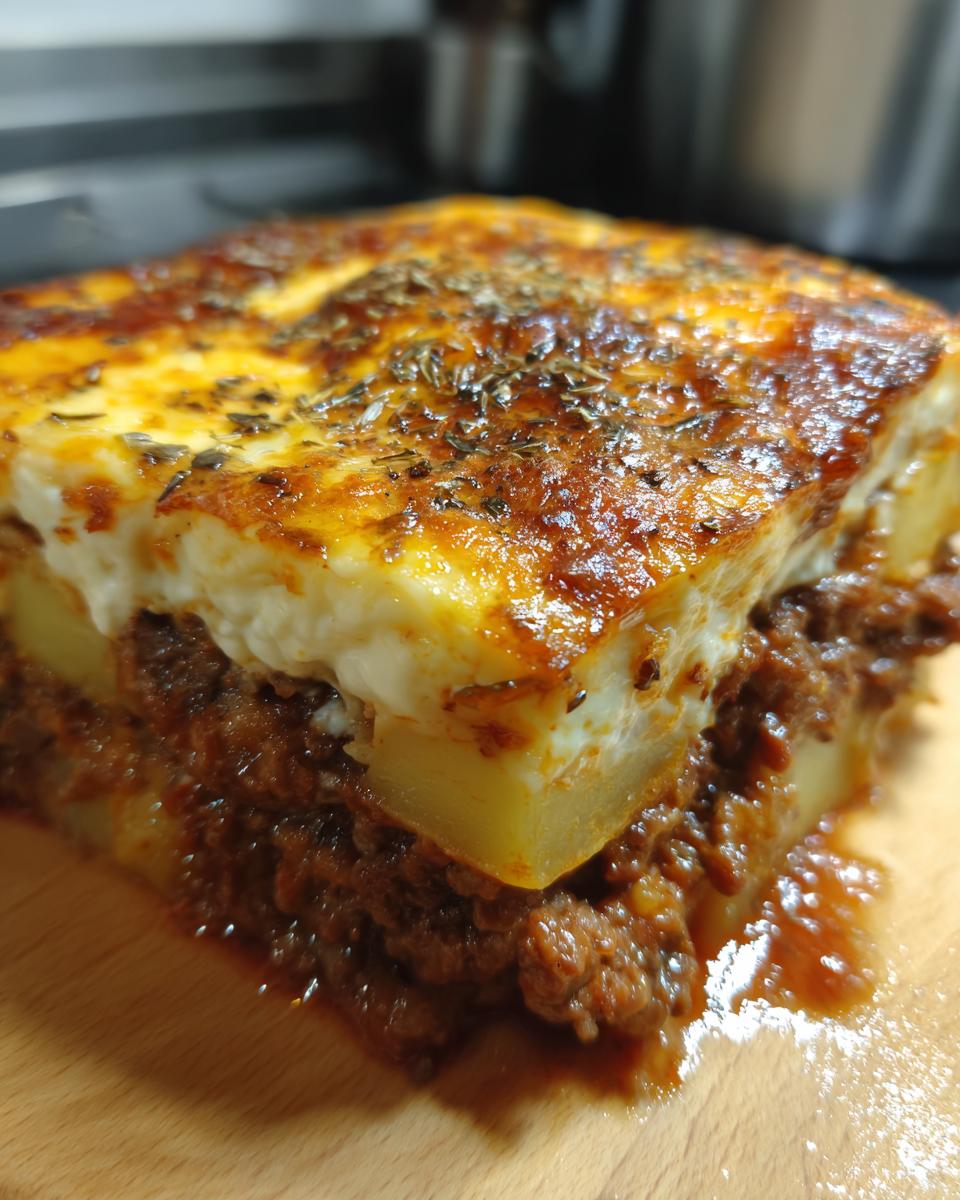 Nahaufnahme einer Scheibe herzhafter Musaka Balkan-Art mit Schichten aus Kartoffeln, Hackfleisch und einer cremigen Ei-Schicht, bestreut mit Kräutern.