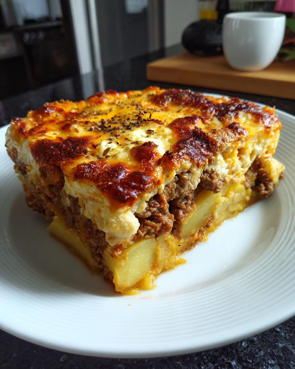 Ein saftiges Stück Musaka Balkan-Art mit Schichten aus Kartoffeln, Hackfleisch und einer goldbraunen Käseschicht.