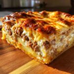 Ein saftiges Stück Musaka Balkan-Art mit Schichten aus Kartoffeln, Hackfleisch und cremiger Eiermasse auf einem Holzbrett.