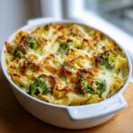 Heißer Nudelauflauf mit Brokkoli und geschmolzenem Käse, frisch aus dem Ofen.