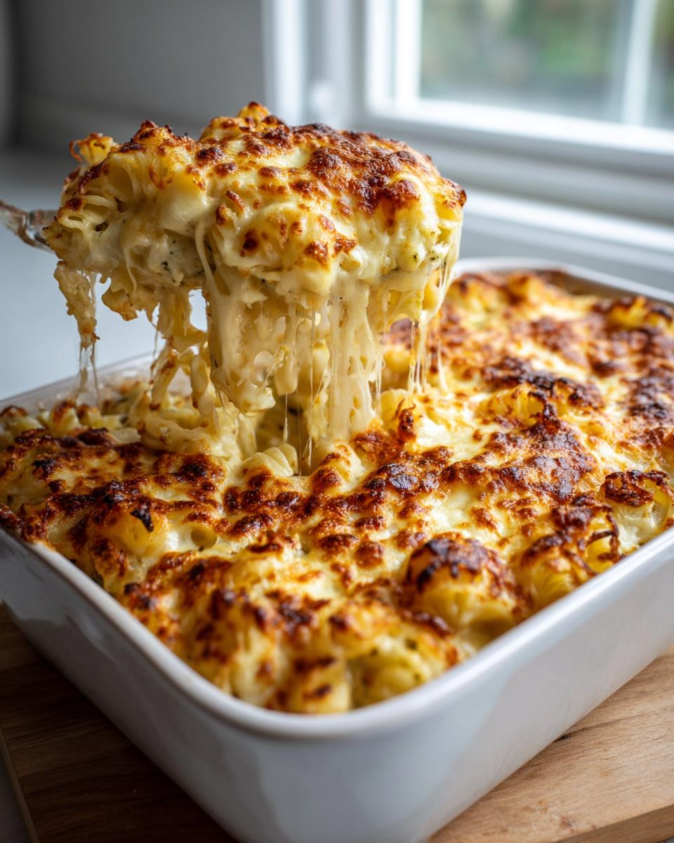 Ein köstlicher Nudelauflauf mit Brokkoli und Käse, der gerade aus der Auflaufform geschöpft wird und Fäden zieht.