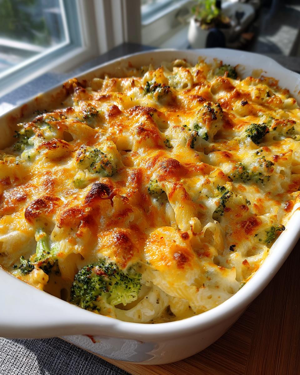 Nahaufnahme eines goldbraunen Nudelauflaufs mit Brokkoli und geschmolzenem Käse, fertig zum Servieren.