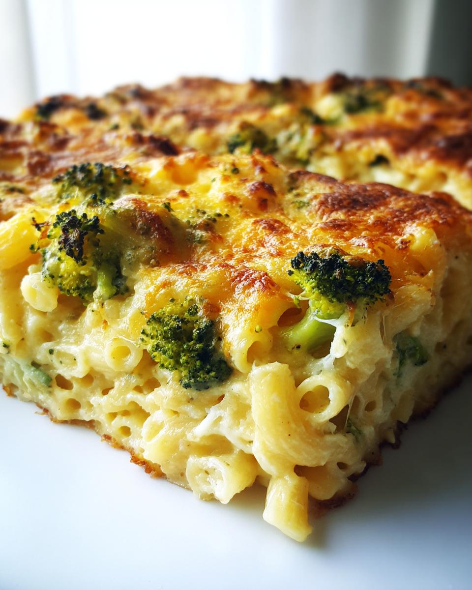 Nahaufnahme eines Stücks Nudelauflauf mit Brokkoli und Käse überbacken, goldbraun gebacken.