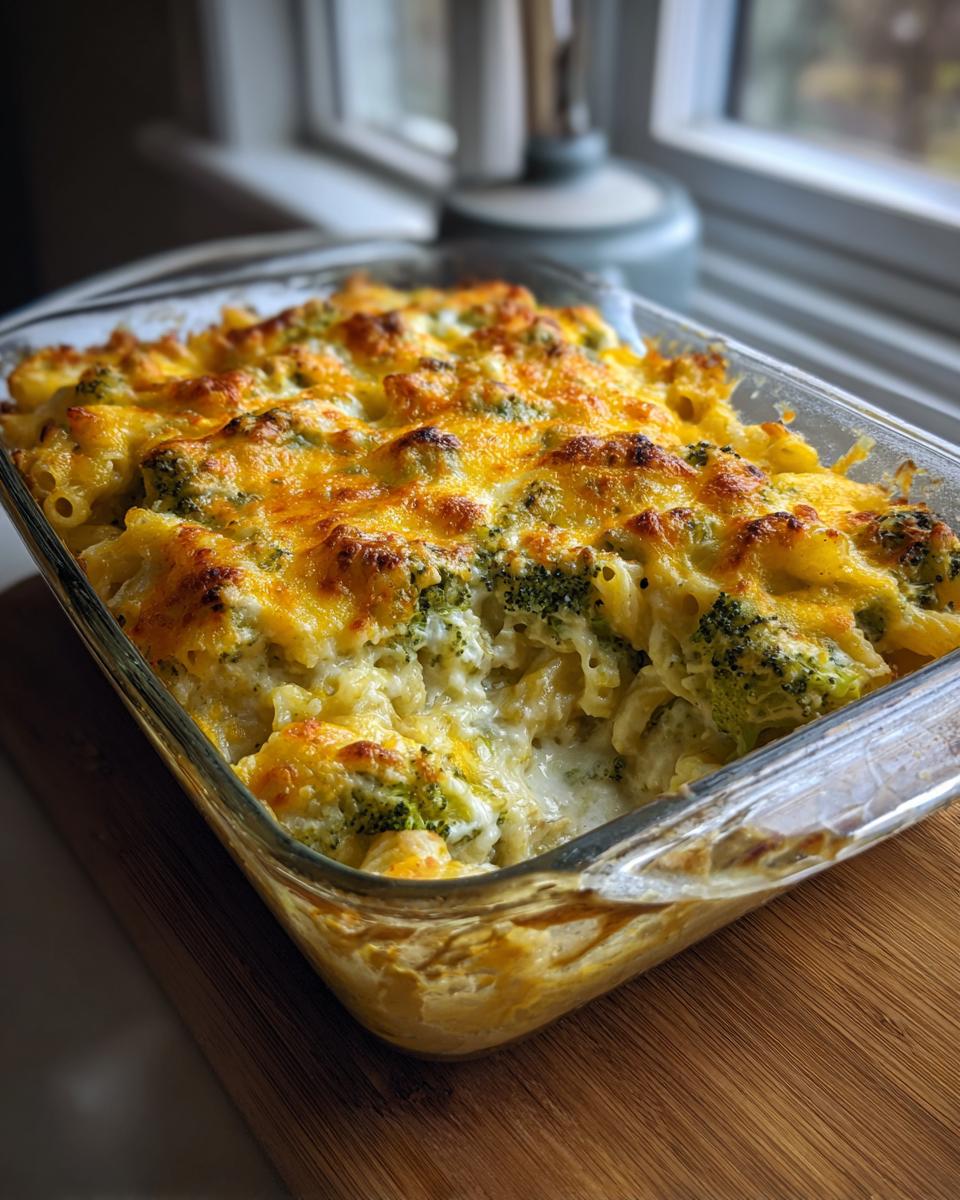 Goldbraun überbackener Nudelauflauf mit Brokkoli und geschmolzenem Käse in einer Auflaufform.