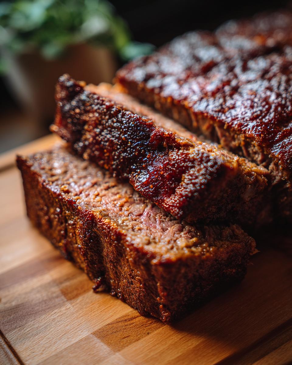 Ein saftiger Anschnitt von Omas Hackbraten mit Kartoffelpüree und Erbsen, perfekt gebräunt und auf einem Holzbrett serviert.