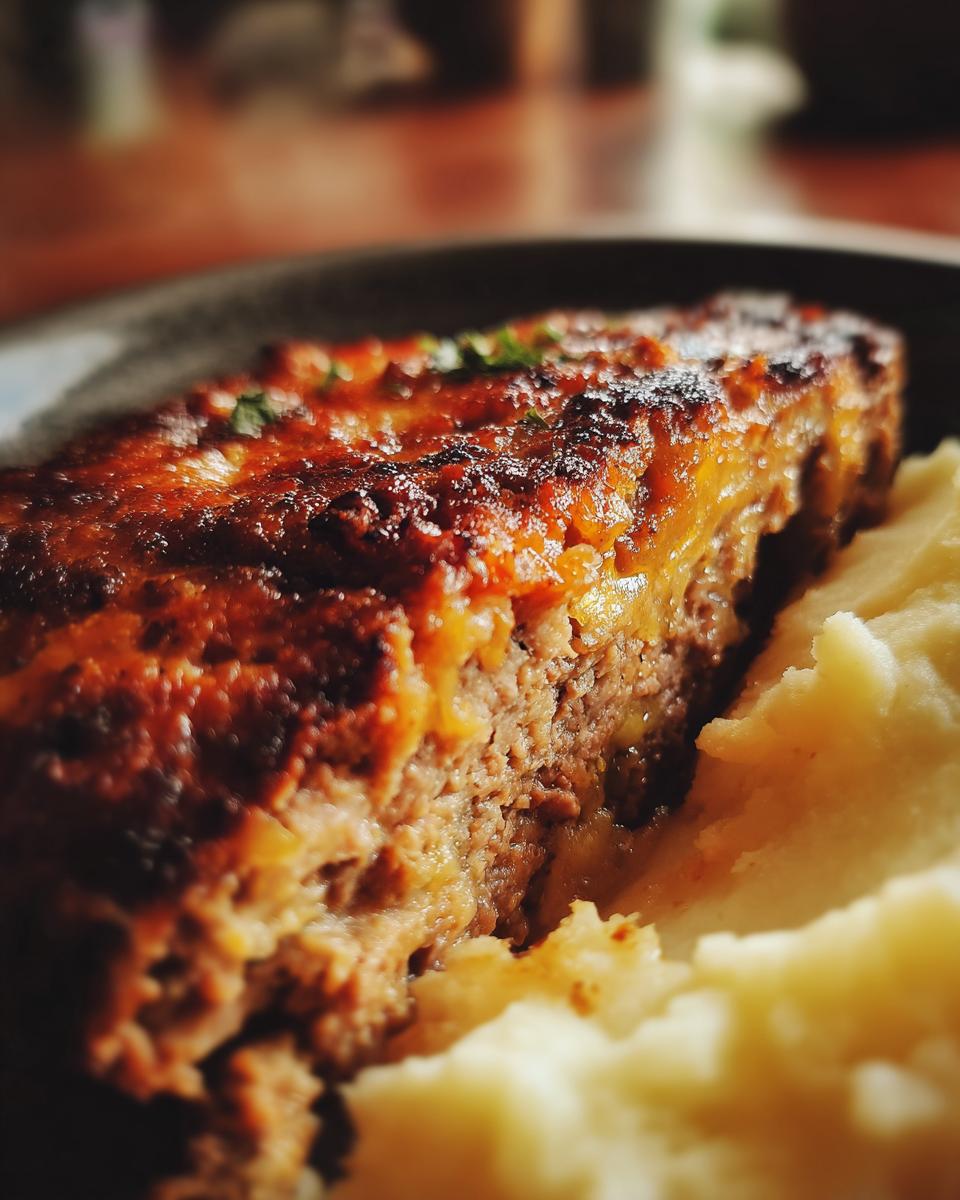 Nahaufnahme von Omas Hackbraten mit Kartoffelpüree und Erbsen, saftig und goldbraun gebacken.