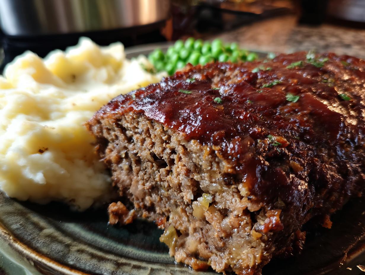 Ein saftiges Stück Hackbraten mit glänzender Glasur, serviert mit cremigem Kartoffelpüree und grünen Erbsen.