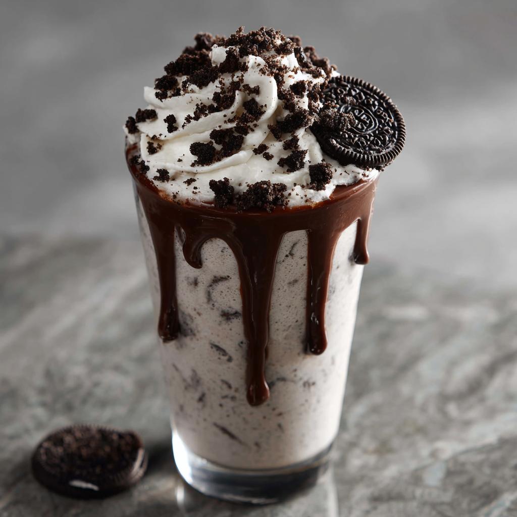 Ein köstlicher Oreo-Milchshake mit Schokosauce und Keks-Stückchen, garniert mit Sahne und einem Oreo-Keks.