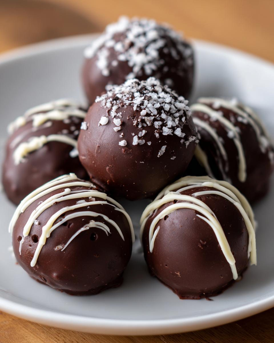 Nahaufnahme von saftigen Oreo-Trüffel-Bällchen, einige mit weißer Schokolade verziert.
