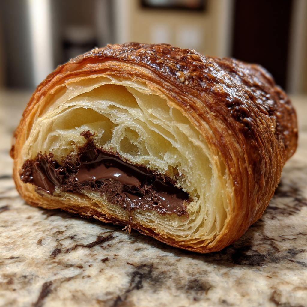 Nahaufnahme eines aufgeschnittenen Pain au Chocolat, das innen herrlich blättrig und mit geschmolzener Schokolade gefüllt ist.