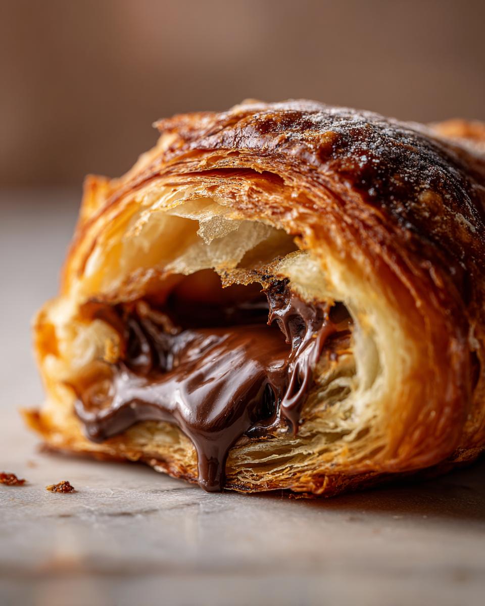 Nahaufnahme eines frisch gebackenen Pain au Chocolat mit zerlaufener, dunkler Schokolade, die herausquillt.