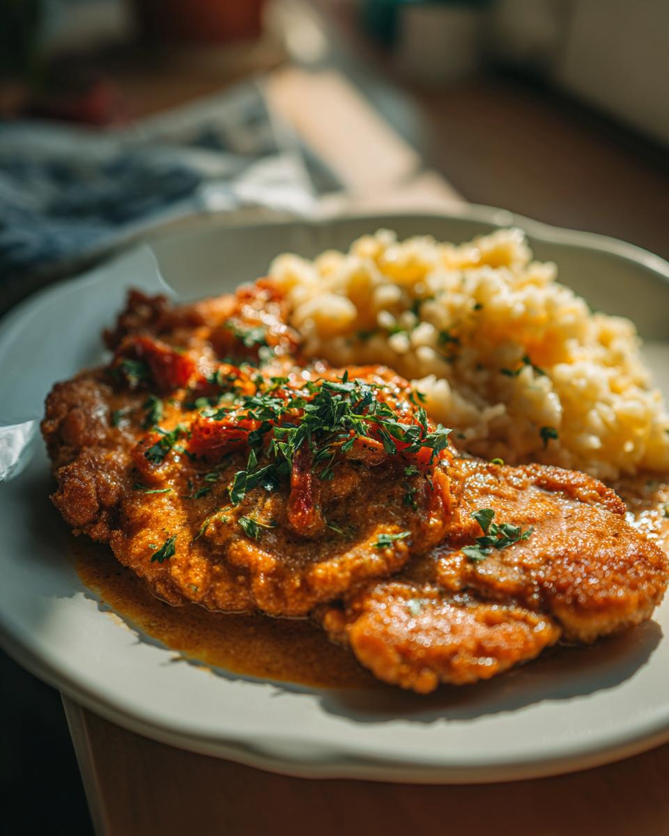 Ein Teller mit saftigem Paprika-Sahne-Schnitzel und lockerem Butterreis, garniert mit frischer Petersilie.