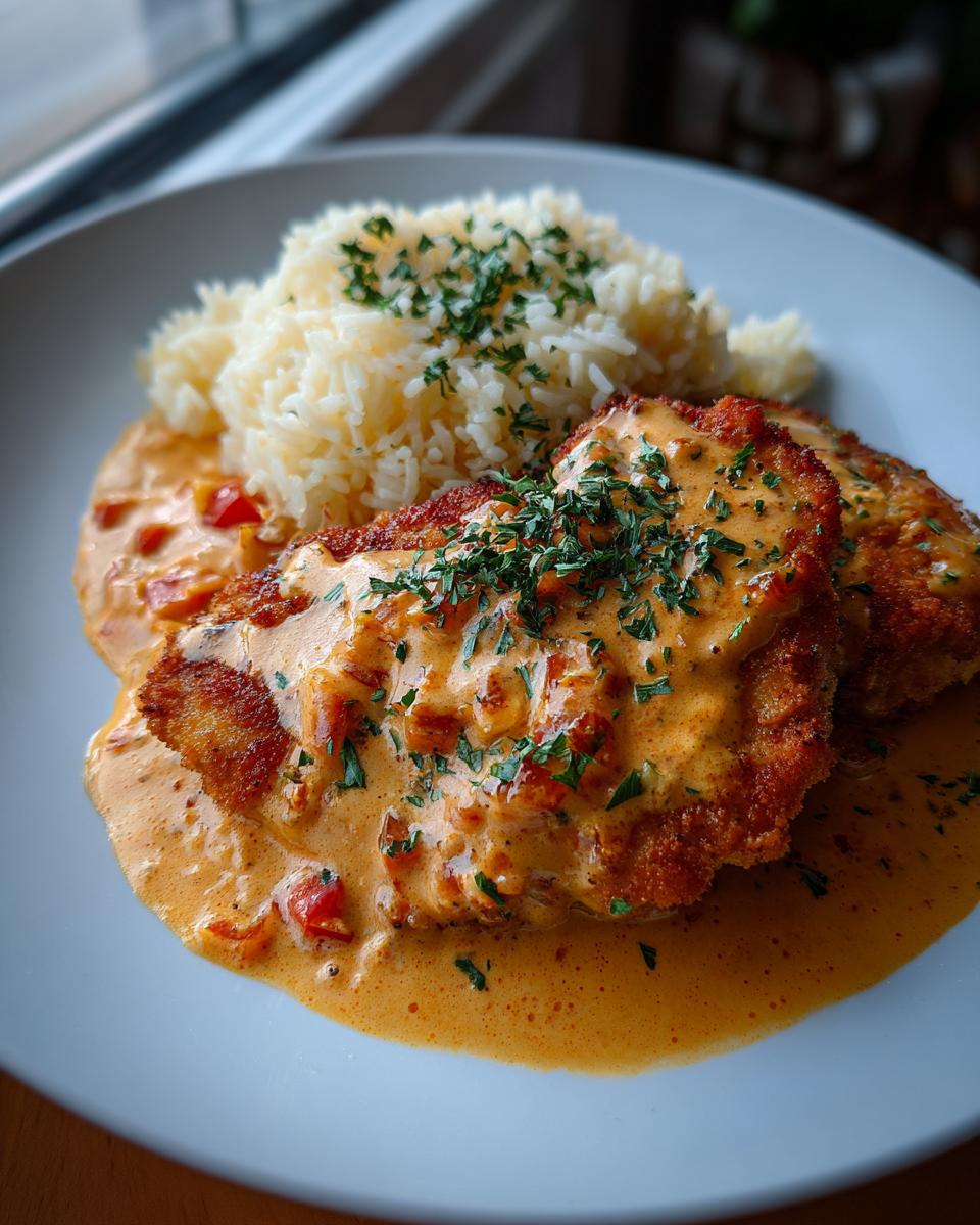 Zwei goldbraune Paprika-Sahne-Schnitzel mit cremigem Reis und Petersilie bestreut.