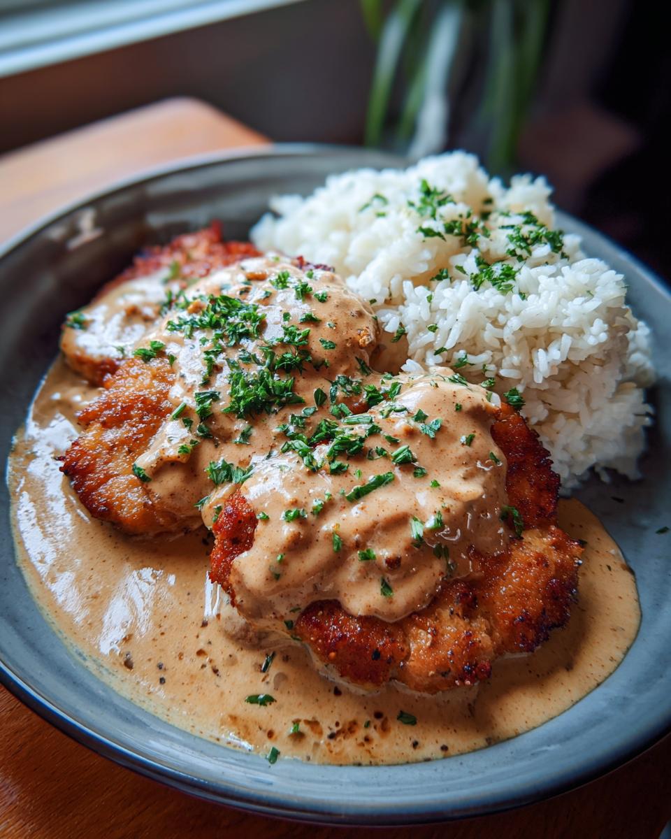 Ein Teller mit goldbraunem Paprika-Sahne-Schnitzel und fluffigem Butterreis, garniert mit Petersilie.
