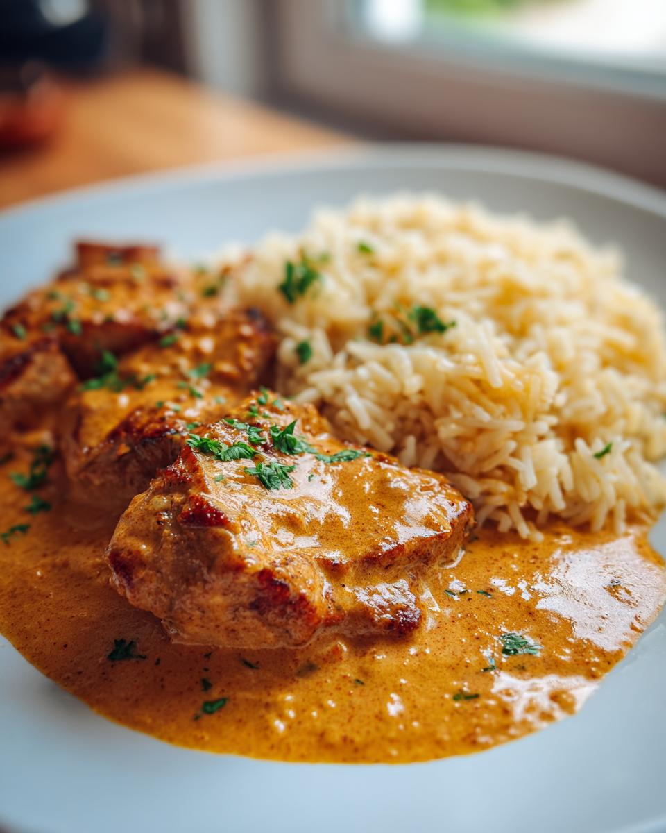 Ein Teller mit saftigem Paprika-Sahne-Schnitzel und lockerem Butterreis, garniert mit Petersilie.