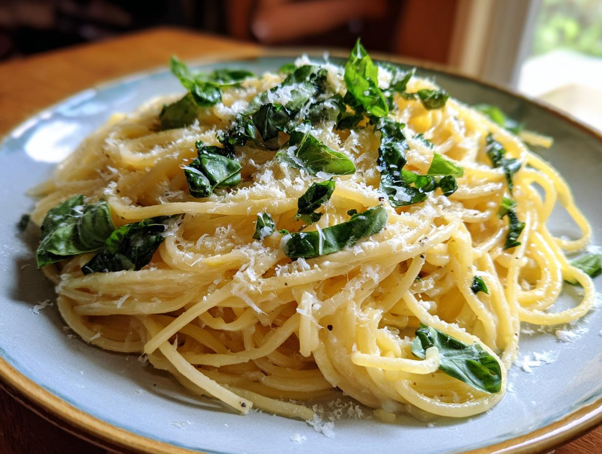 Eine Nahaufnahme von cremiger Pasta al Limone, garniert mit frischem Basilikum und geriebenem Parmesan.