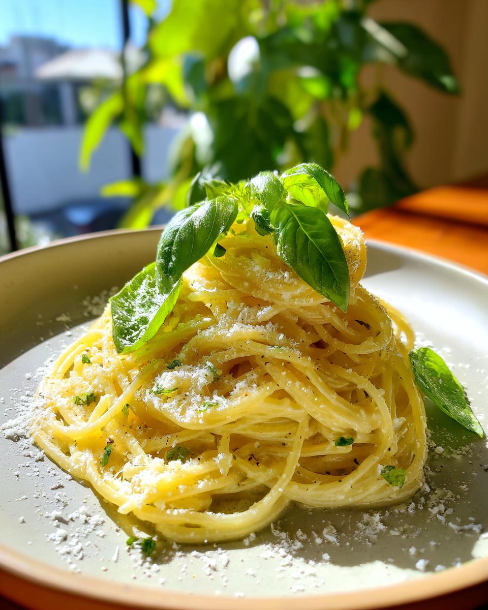 Eine Portion Pasta al Limone – Zitronenpasta mit frischem Basilikum und Parmesan.